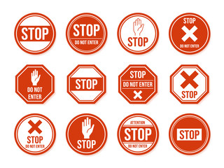 Stop road sign. Traffic road stop symbol, dangerous, restricted urban and highway symbols, warning direction signs vector isolated icon set. beware and forbid pictograms