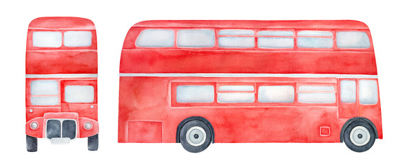 Watercolour illustration collection of various sides of red double-decker bus. Cute symbol of London, journey, tourism. Hand drawn water color artistic drawing on white, cut out elements for design.