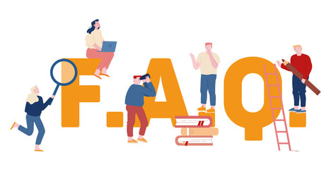 Frequently Asked Questions Concept. People Characters Standing near Faq Typography Ask Questions and Receive Answers Online Support Center Poster Banner Flyer Brochure Cartoon Flat Vector Illustration