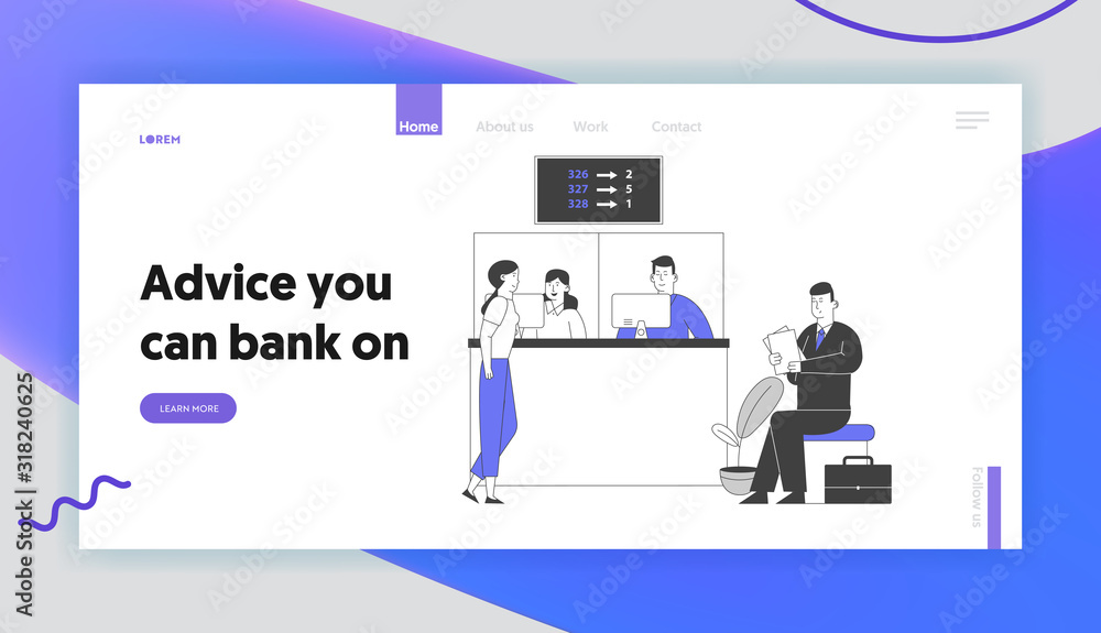 Poster account management, financial electronic queuing system service website landing page. people wait in