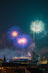 Novi Sad, Serbia January 01, 2020: New Year's fireworks in Novi Sad. Panorama of Novi Sad