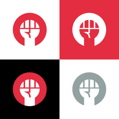 Raised fist logo template, male hand icon design, power up symbol - Vector