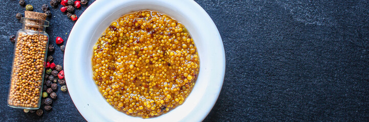 mustard cereal sauce (French or Dijon recipe) menu concept. background. top view. copy space