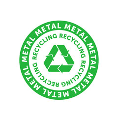 Recycling metal green circle badge with Mobius strip, band or loop. Design element for packaging design and promotional material. Vector illustration.