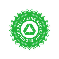 Recycling green star badge with Mobius strip. Design element for packaging design and promotional material. Vector illustration.