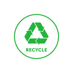 Obraz premium Recycling simple green round sticker with Mobius strip, band or loop. Design element for packaging design and promotional material. Vector illustration.