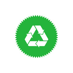 Obraz premium Recycling sign green star badge with Mobius strip. Design element for packaging design and promotional material. Vector illustration.