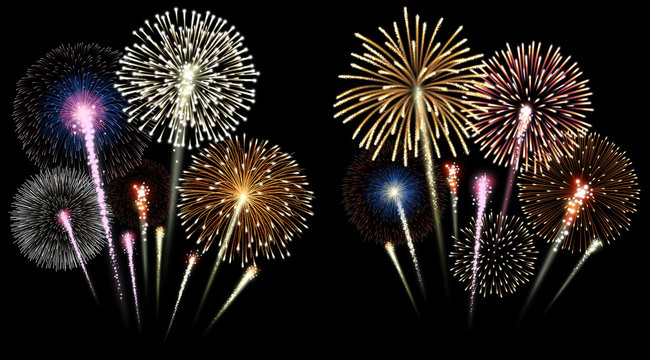 Two groups of isolated fireworks. Illustration.
