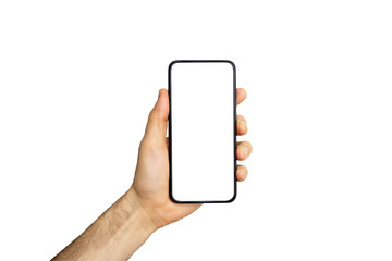 Smartphone (phone) empty screen in a hand. Black smartphone isolated on white background. Blank phone screen for image and design