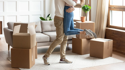 Loving couple hug excited to move together