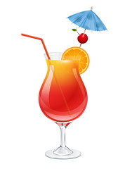 Tequila sunrise cocktail with cherry, slice of orange, party umbrella and red straw tube decoration. Isolated on white background illustration.