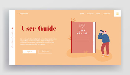 Tutorial Information, Answer Research, Help Website Landing Page. Man Looking to Binoculars on Huge User Manual Instruction for Technical Equipment Web Page Banner. Cartoon Flat Vector Illustration