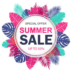 Summer sale banner design for promotion with tropical leaves. Illustration