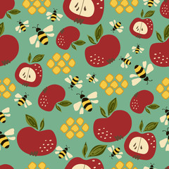 seamless pattern with bright apple and bee. Vector, illustration.
