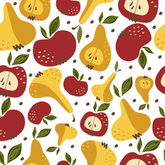  seamless pattern with bright pear and apple. Vector, illustration.