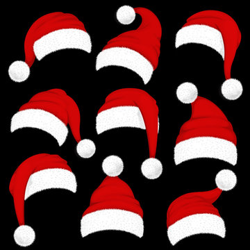 Christmas Santa Claus red hats isolated on black background. Illustration