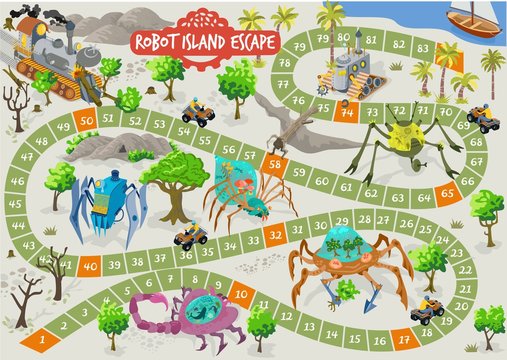 Board game with robots, mechanic machines, aliens, in escape island adventure illustration vector 2