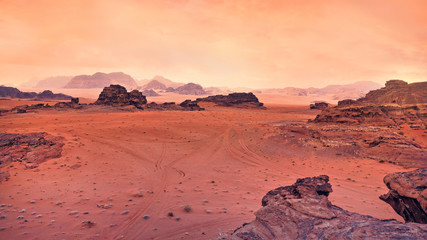 Red Wadi Rum desert in Jordan reminiscent of planet Mars, this location was used as set for many...
