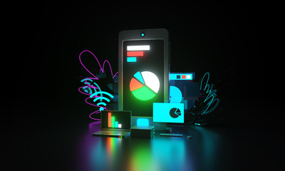 Business and finance, icons on a dark background. Web page, smartphone. Neon lighting. 3D rendering