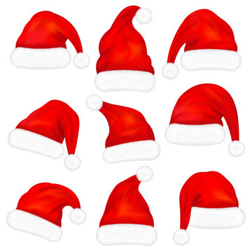 Set of red santa claus hats with fur isolated on white background. Illustration