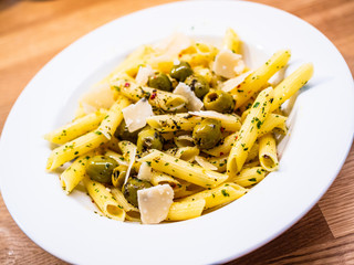 Penne with green olives and parmesan