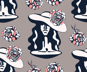 Vector background hand drawn exotic with fashion model. Hand drawn ink illustration. Vector pattern. Print for textile, cloth, wallpaper, scrapbooking