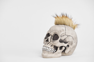Side portrait of human punk skull on isolated white background