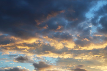 Blue sky with white cirrus clouds on a sunny clear day. Natural background for later design. Weather forecasting for water circulation in the atmosphere. Heaven is a symbol of holiness