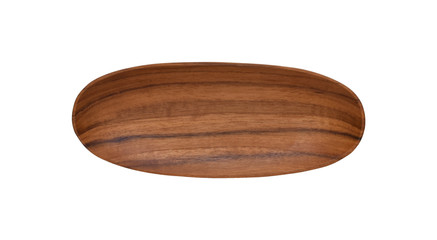 High angle view. Ellipse wooden plate on white background.