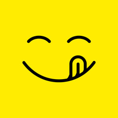 smile with tongue on yellow background. concept of grin, smile world day, language, great food, enjoy food, foodie, flavor, social network emoji. flat style trend smile logo design vector illustration