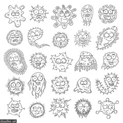 Microbes doodles set. Viruses. Bacteria. Cells. Germs. Allergy. Disease. Unicellular organisms. Cute cartoon microbes. Biology. Infection. Funny microorganisms collection.