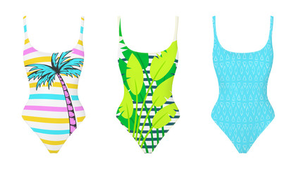 Swimming suit realistic vector. One piece swimsuits collection. Trendy modern design. Summer fashion. Mock up. Swimwear design.