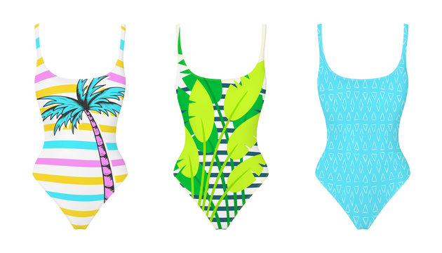 Swimming suit realistic vector. One piece swimsuits collection. Trendy modern design. Summer fashion. Mock up. Swimwear design.