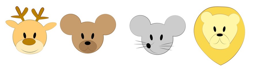 Set of vector faces of animals. Cartoon icons of domestic pets. Isolated animal faces on white background