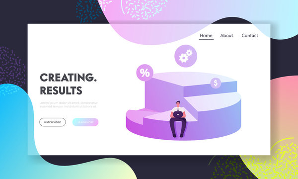 Company Shares Ownership Website Landing Page. Businessman Shareholder Sitting on Pie Chart Diagram Depicts Profit Sharing, Successful Partnership Web Page Banner. Cartoon Flat Vector Illustration