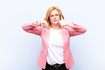 middle age woman feeling confused, clueless and unsure, weighting the good and bad in different...