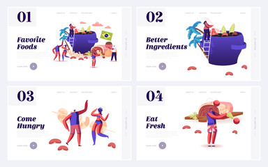 Naklejka premium Typical Brazilian Dishes, Fiesta Website Landing Page Set. People Cooking and Eating Traditional Brazil Food Feijoada Soup with Beans, Candy Brigadeiro Web Page Banner Cartoon Flat Vector Illustration