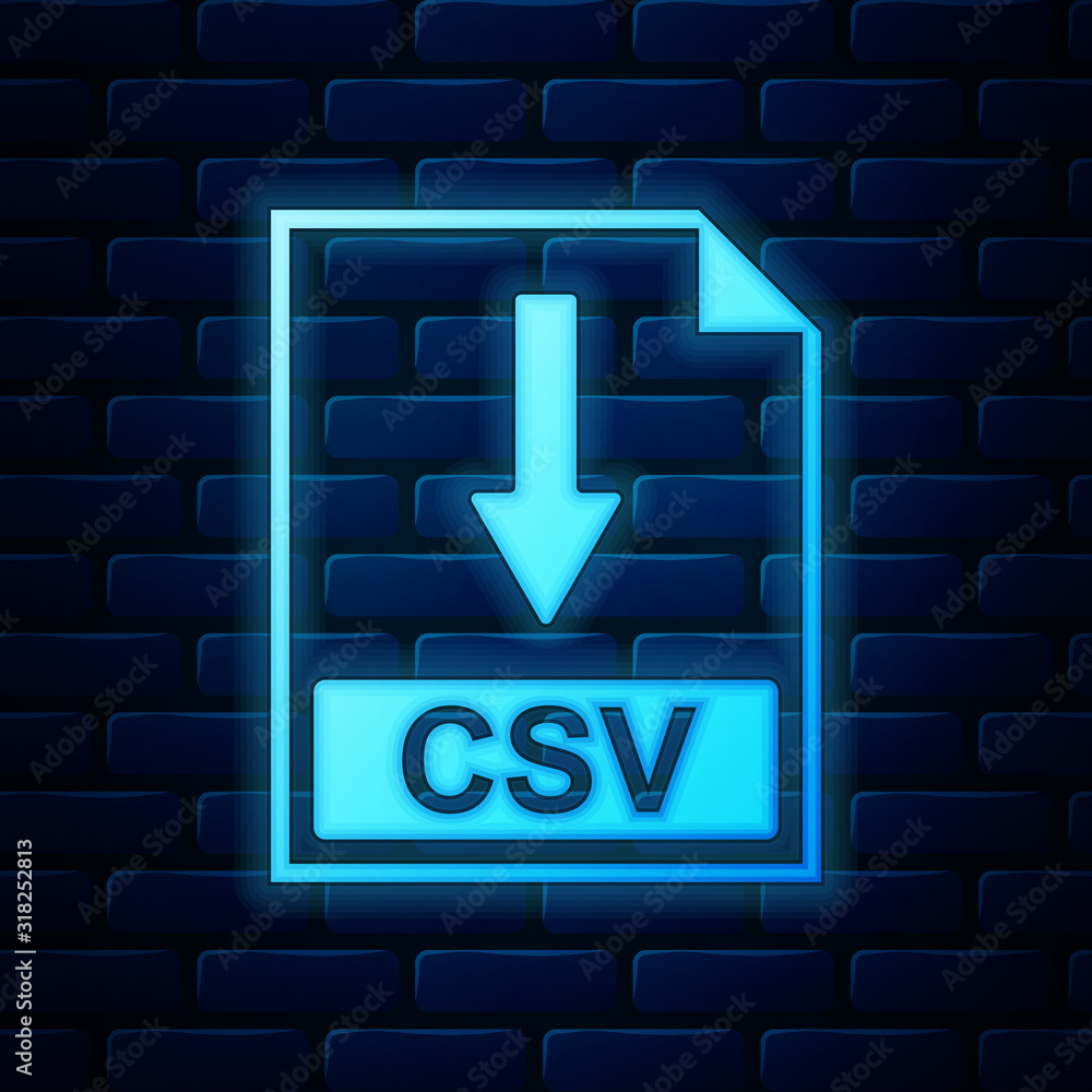 Poster glowing neon csv file document icon. download csv button icon isolated on brick wall background. vec