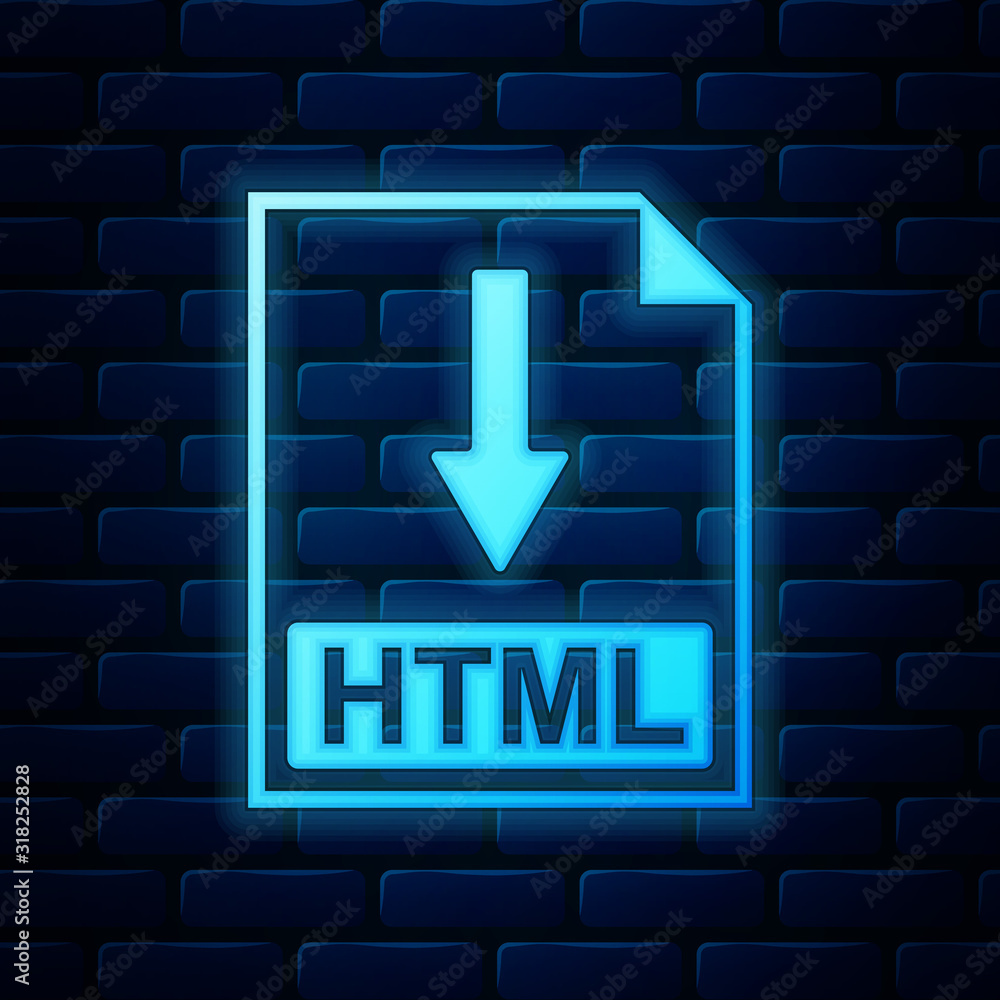 Poster glowing neon html file document icon. download html button icon isolated on brick wall background. v