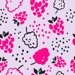 Seamless vector pattern of decorative raspberries. Berry background. Doodle style pattern.