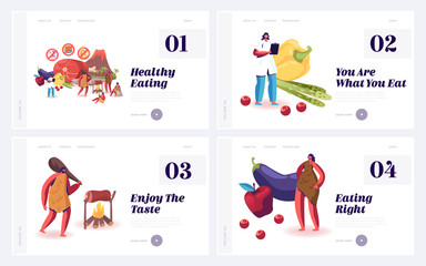 Organic Raw Nutrition Paleo Diet as Caveman Lifestyle Website Landing Page Set. Low Carbs, High Fat and Protein Food, Dietary Science, Stone Ages meal Web Page Banner. Cartoon Flat Vector Illustration