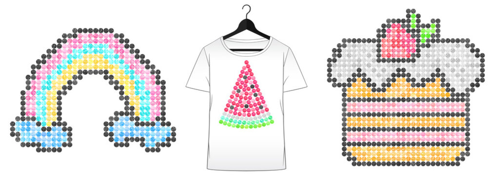 Rhinestones iron transfer ornaments set. Rainbow. Cake. Watermelon. Summer design. Childrens clothes design. Embroidery. T-shirt simple mockup. Rhinestones appligue hot fix. Print for fabric.