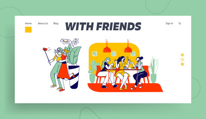 Girlfriends Spend Time Together Website Landing Page. Happy Girl Friends Having Fun Sitting in Cafe Chatting and Making Selfie. Friendship Web Page Banner. Cartoon Flat Vector Illustration, Line Art