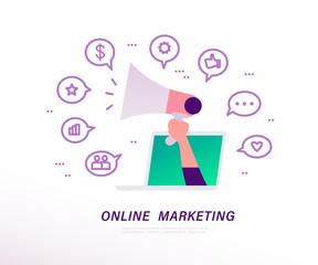 Online media marketing concept with laptop, human hand holding megaphone and video, media, review, communication linear icons metaphor. Vector flat illustration. 