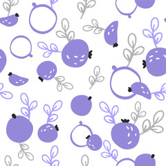 Seamless vector pattern of decorative wild berries. Blueberry background. Doodle style pattern.