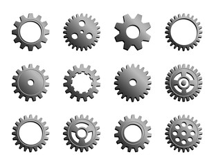 Vector Mechanical Cogwheel Collection. Set Of Silver Gear Wheels And Cogs, Grey Volumetric Icons, Different Configuration, Round Details. Gears Can Be Combined Into Mechanism By Changing Size.