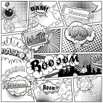 Black and white comic book page divided by lines with speech bubbles and sounds effect. Illustration.