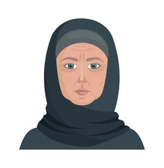 An old woman in a hijab. Elderly Muslim woman. Vector illustration in cartoon style with characters isolated on a white background. Grandma's face with wrinkles.