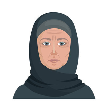An Old Woman In A Hijab. Elderly Muslim Woman. Vector Illustration In Cartoon Style With Characters Isolated On A White Background. Grandma's Face With Wrinkles.
