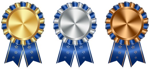 Medallie Vektor Set in Gold; Silber und Bronze mit blauer Rosette auf einem weißem isolierten Hintergrund.